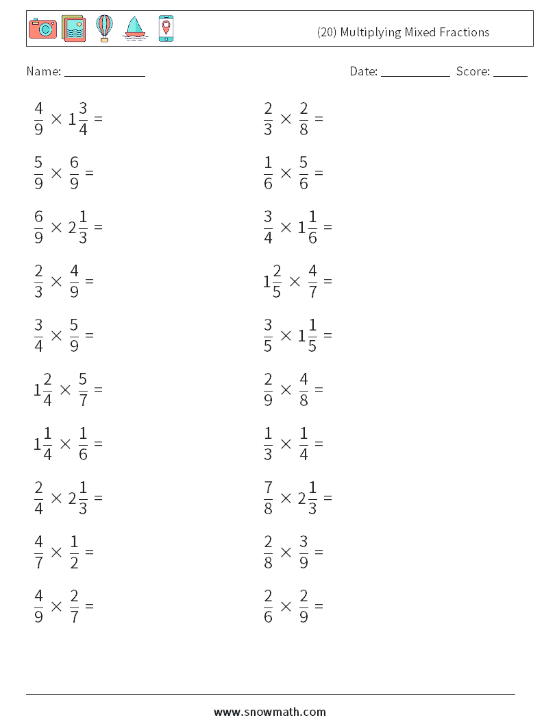 (20) Multiplying Mixed Fractions Math Worksheets 9