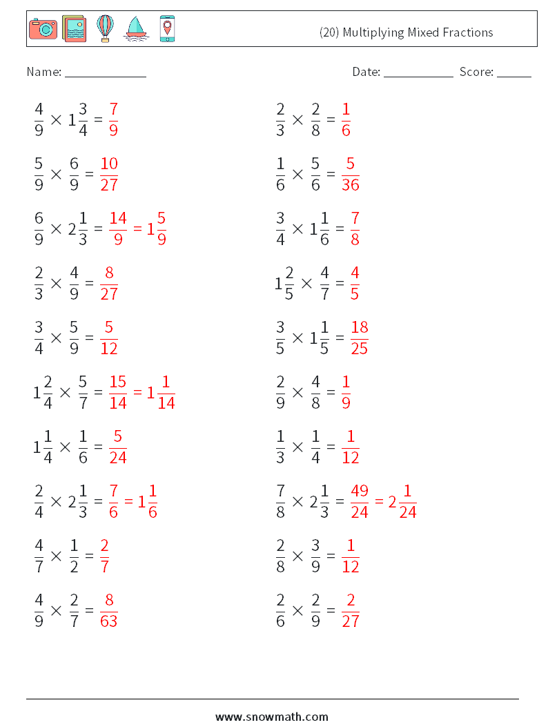 (20) Multiplying Mixed Fractions Math Worksheets 9 Question, Answer