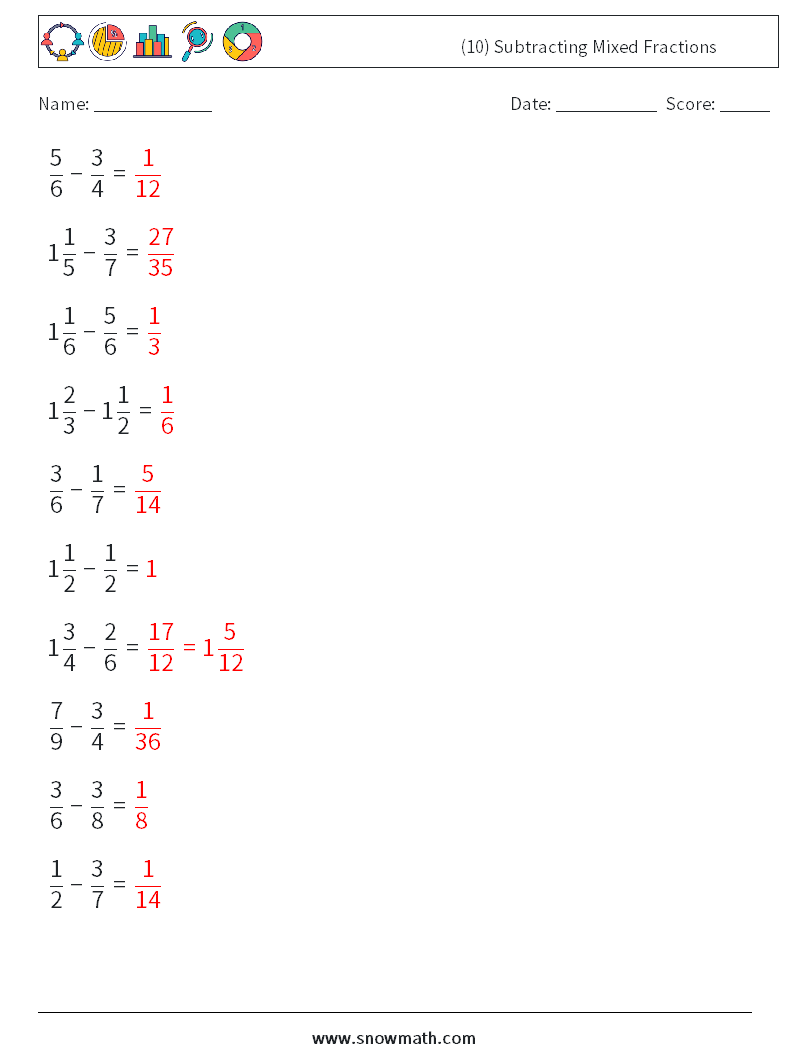 (10) Subtracting Mixed Fractions Math Worksheets 10 Question, Answer