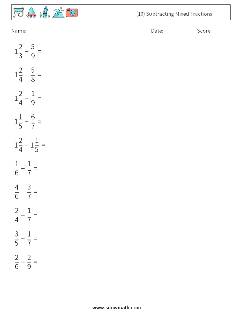 (10) Subtracting Mixed Fractions Math Worksheets 11