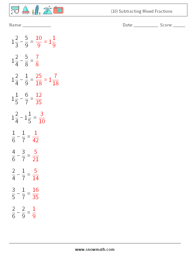 (10) Subtracting Mixed Fractions Math Worksheets 11 Question, Answer