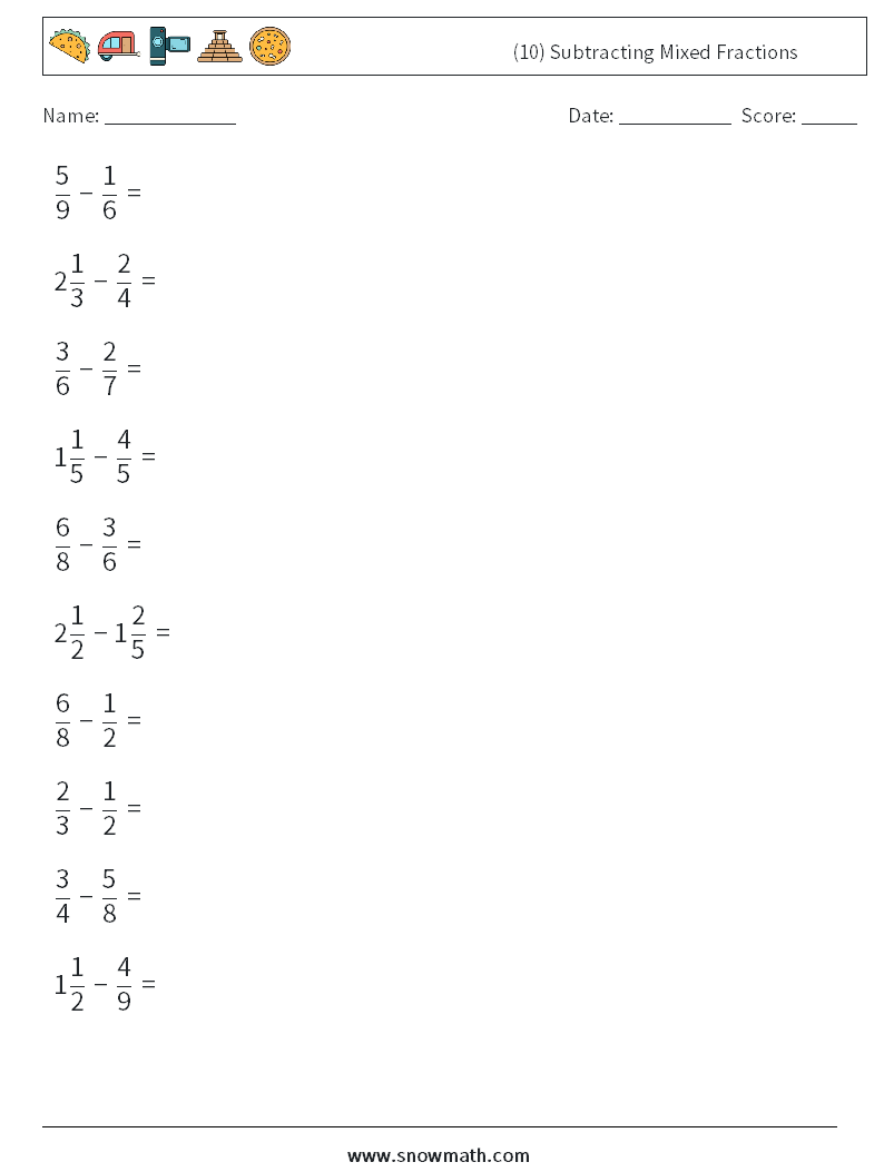 (10) Subtracting Mixed Fractions Math Worksheets 12