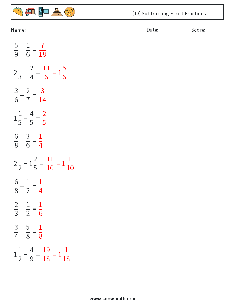 (10) Subtracting Mixed Fractions Math Worksheets 12 Question, Answer
