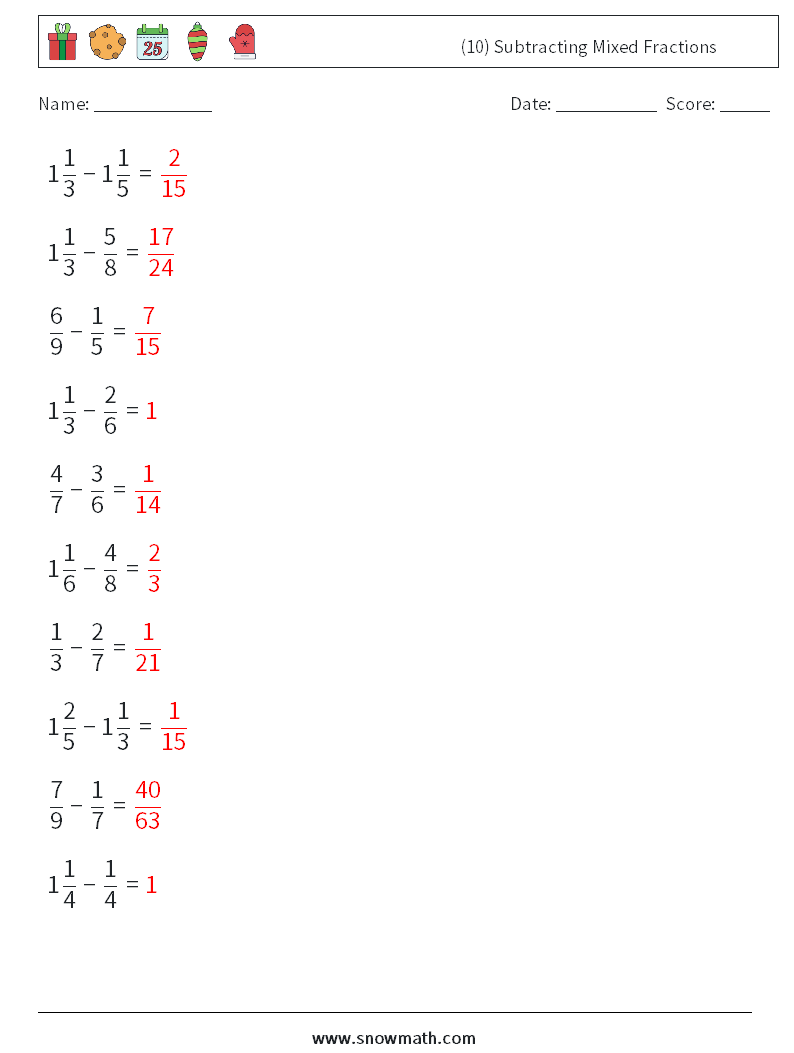 (10) Subtracting Mixed Fractions Math Worksheets 13 Question, Answer