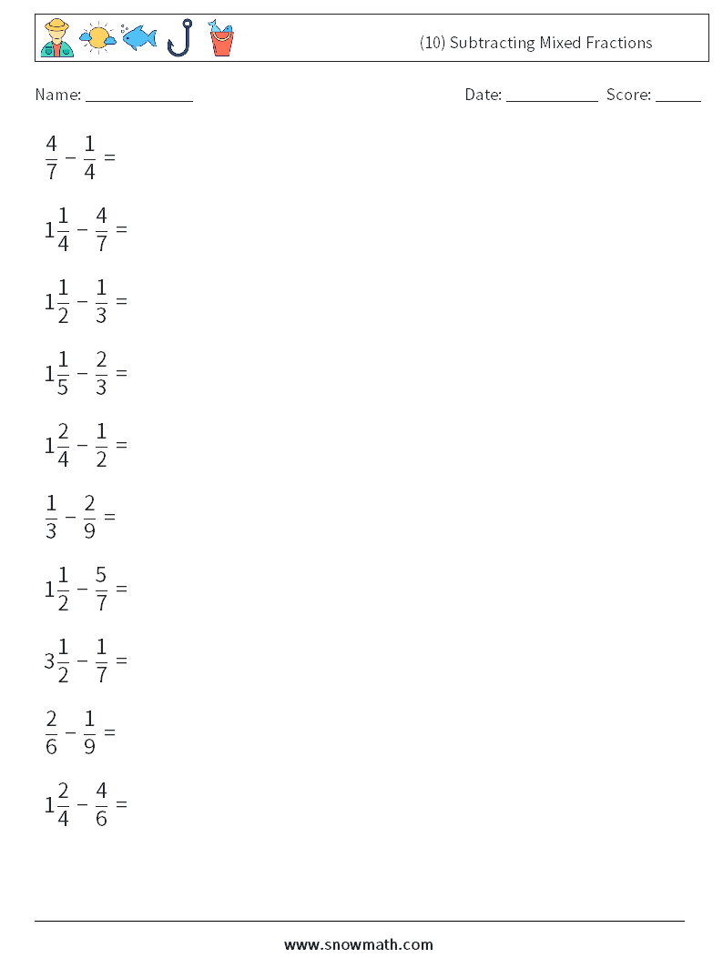 (10) Subtracting Mixed Fractions Math Worksheets 14