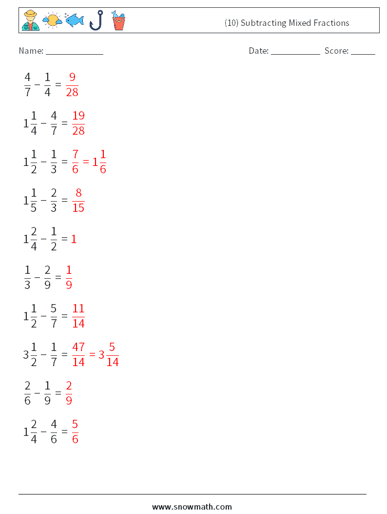 (10) Subtracting Mixed Fractions Math Worksheets 14 Question, Answer