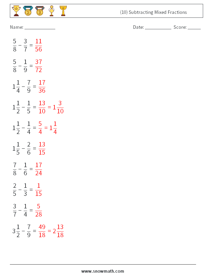 (10) Subtracting Mixed Fractions Math Worksheets 15 Question, Answer