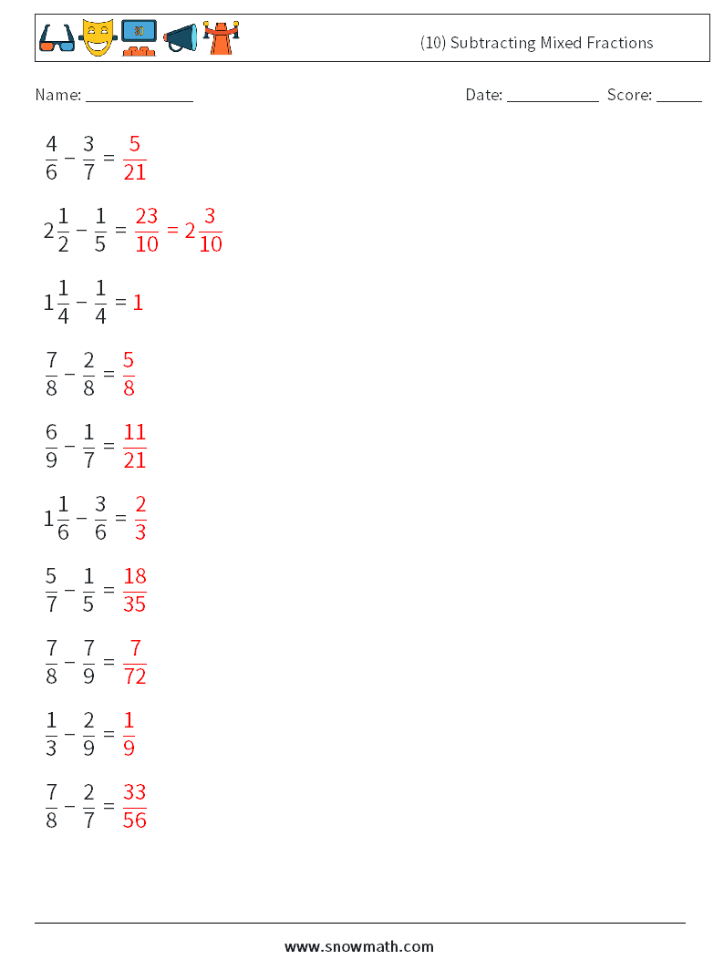 (10) Subtracting Mixed Fractions Math Worksheets 16 Question, Answer