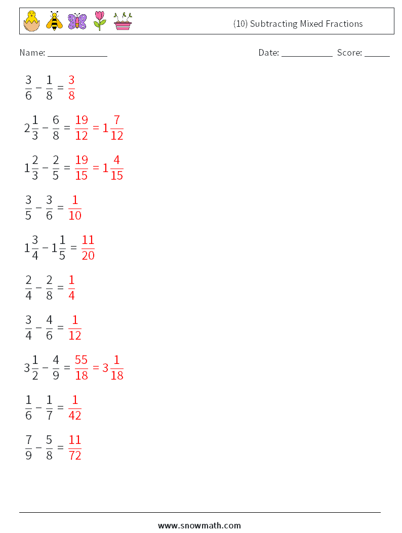 (10) Subtracting Mixed Fractions Math Worksheets 17 Question, Answer