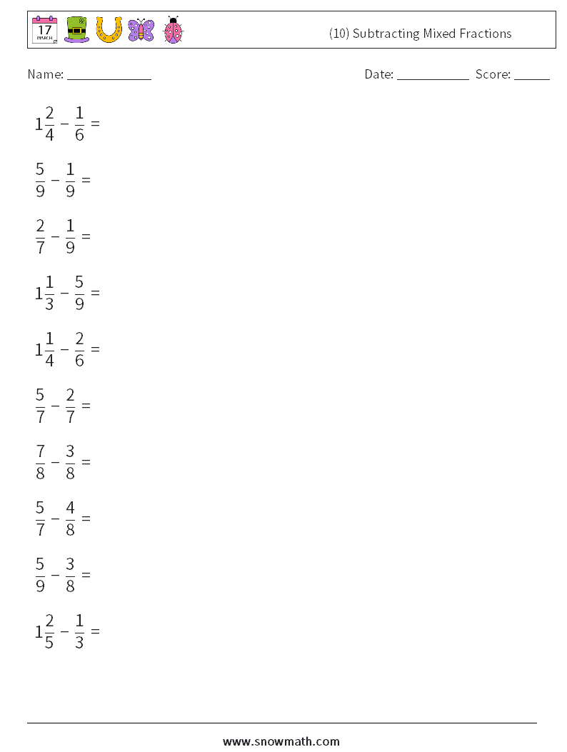 (10) Subtracting Mixed Fractions Math Worksheets 18