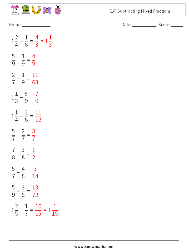 (10) Subtracting Mixed Fractions Math Worksheets 18 Question, Answer