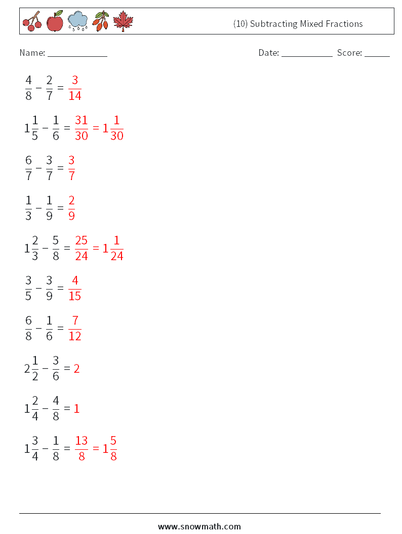 (10) Subtracting Mixed Fractions Math Worksheets 1 Question, Answer