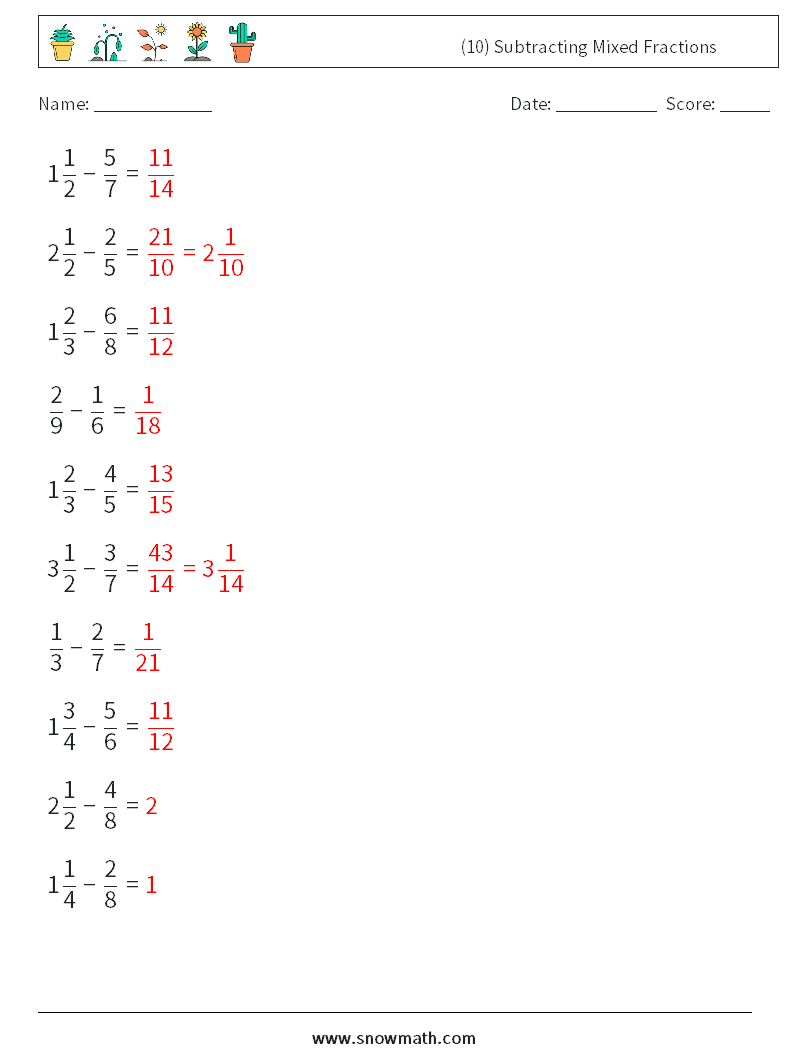 (10) Subtracting Mixed Fractions Math Worksheets 2 Question, Answer