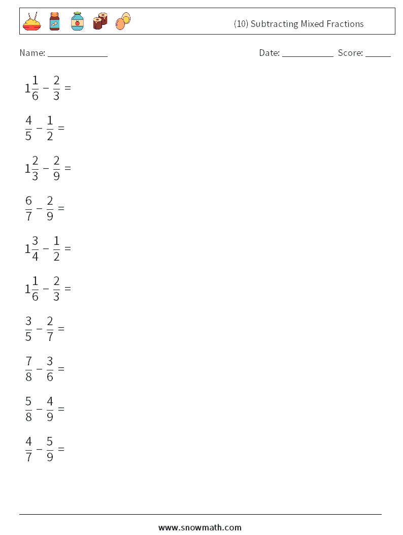 (10) Subtracting Mixed Fractions Math Worksheets 3