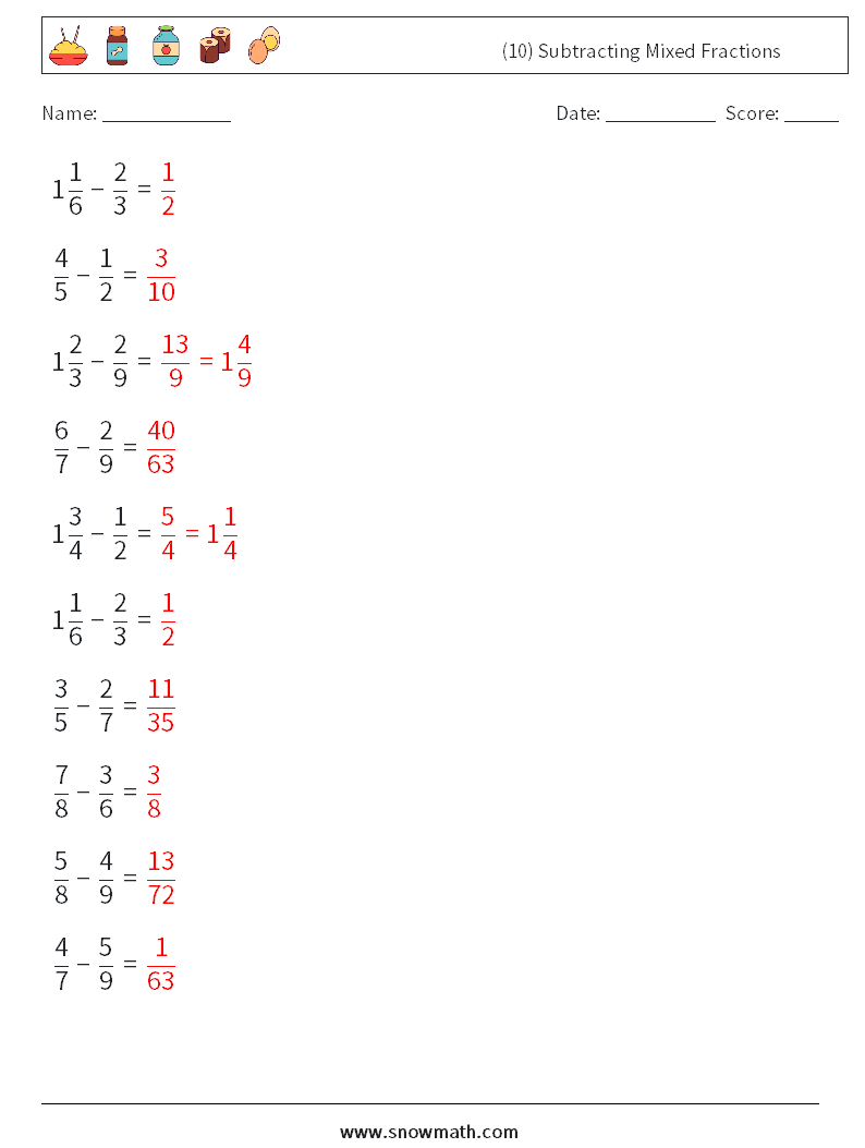 (10) Subtracting Mixed Fractions Math Worksheets 3 Question, Answer