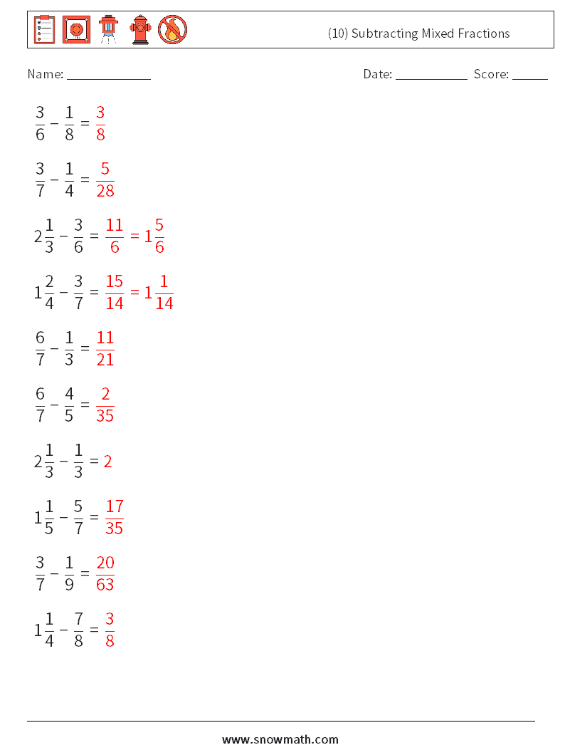 (10) Subtracting Mixed Fractions Math Worksheets 4 Question, Answer