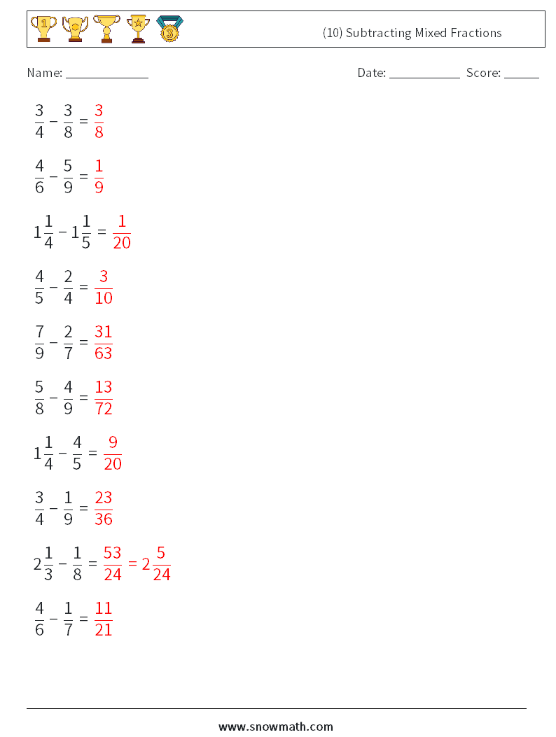 (10) Subtracting Mixed Fractions Math Worksheets 5 Question, Answer