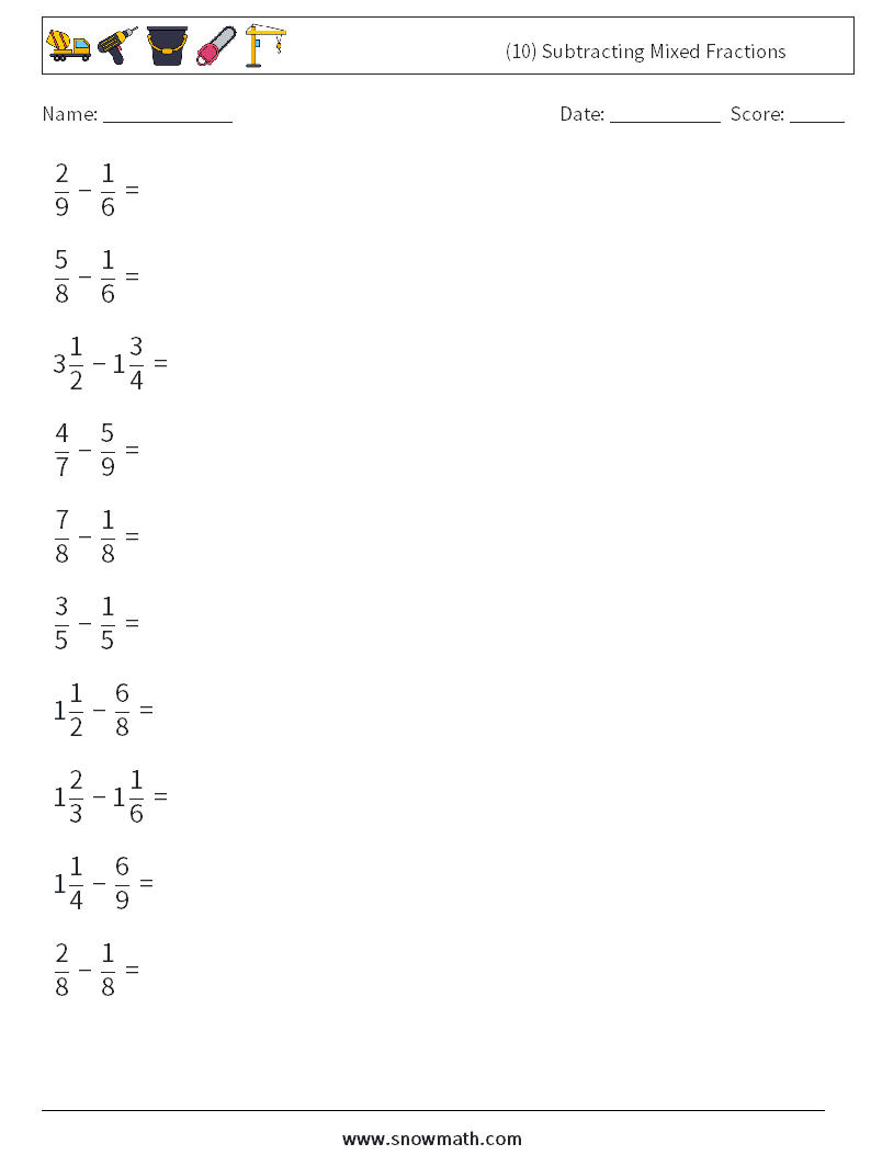 (10) Subtracting Mixed Fractions Math Worksheets 6