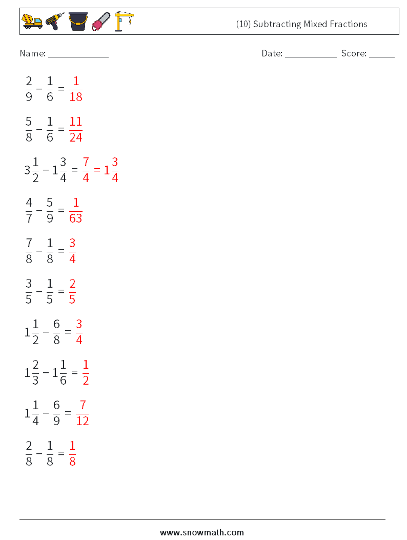 (10) Subtracting Mixed Fractions Math Worksheets 6 Question, Answer