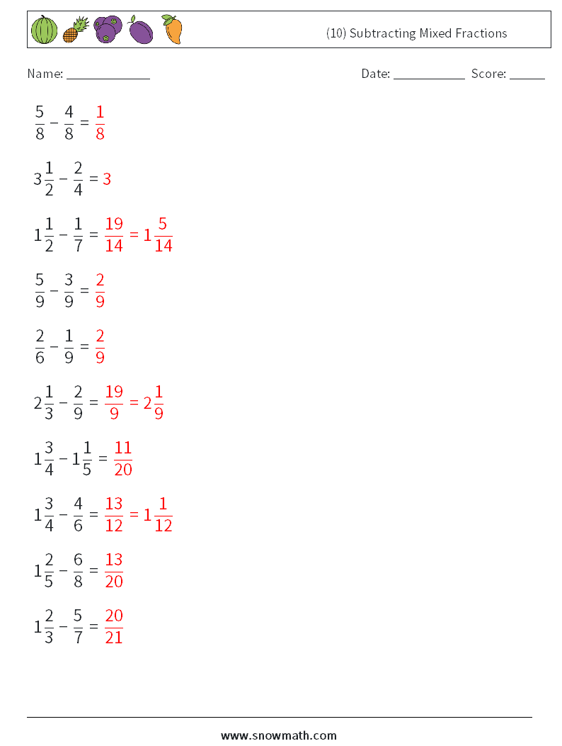 (10) Subtracting Mixed Fractions Math Worksheets 7 Question, Answer