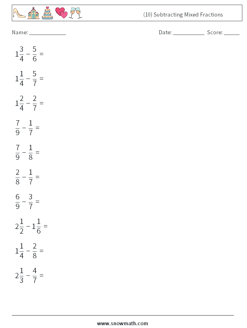 (10) Subtracting Mixed Fractions Math Worksheets 8