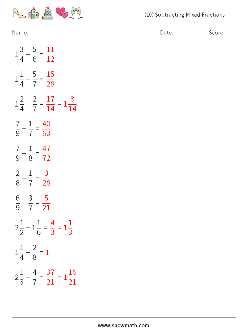 (10) Subtracting Mixed Fractions Math Worksheets 8 Question, Answer