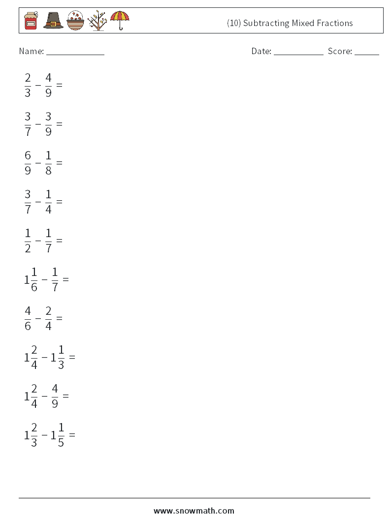 (10) Subtracting Mixed Fractions Math Worksheets 9