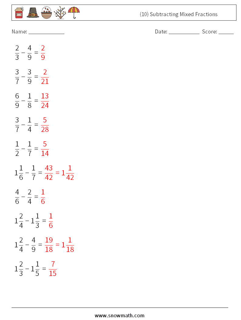 (10) Subtracting Mixed Fractions Math Worksheets 9 Question, Answer