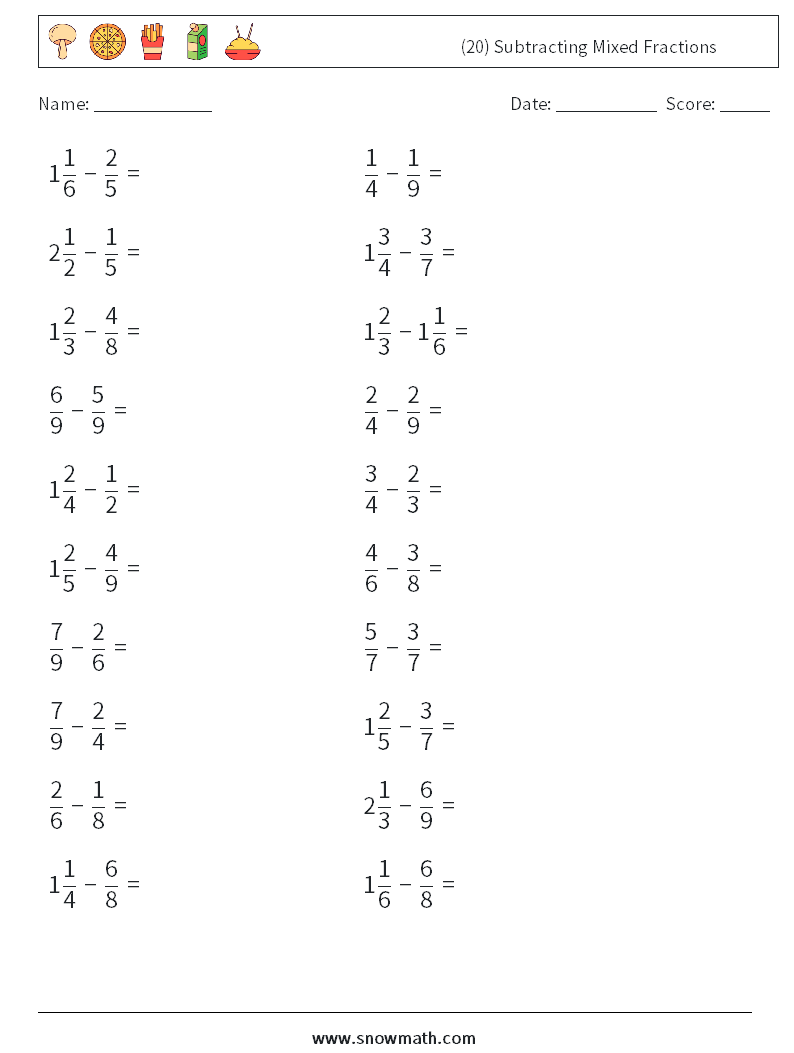 (20) Subtracting Mixed Fractions Math Worksheets 1