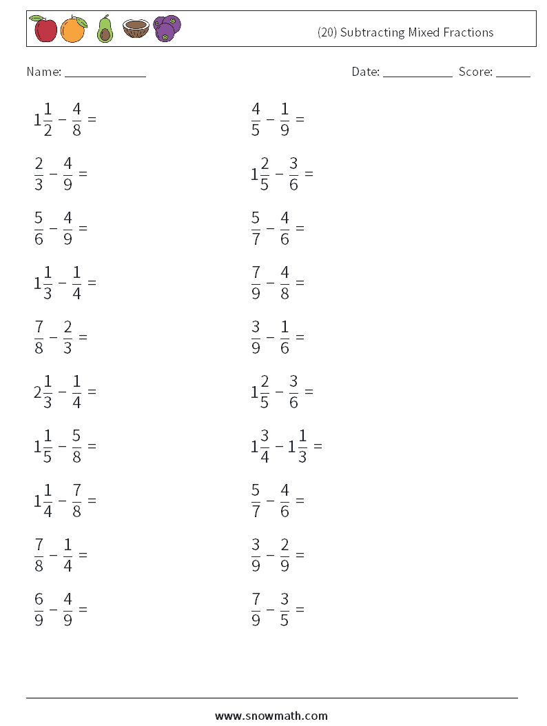 (20) Subtracting Mixed Fractions Math Worksheets 10