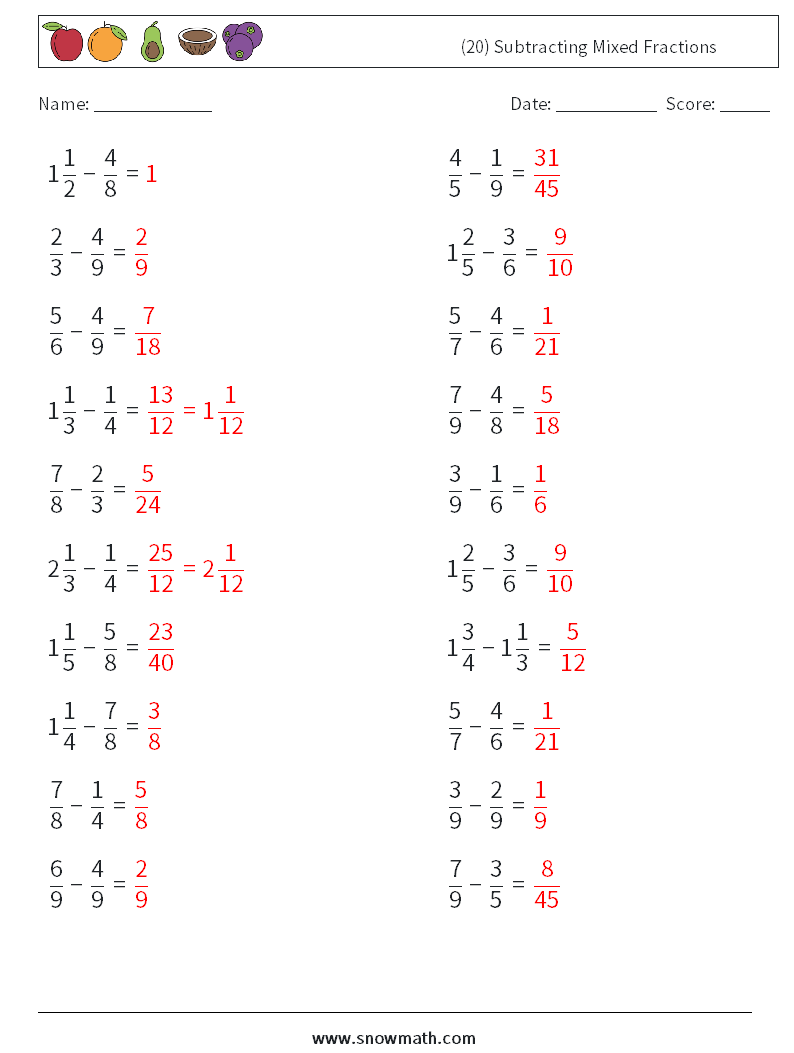 (20) Subtracting Mixed Fractions Math Worksheets 10 Question, Answer
