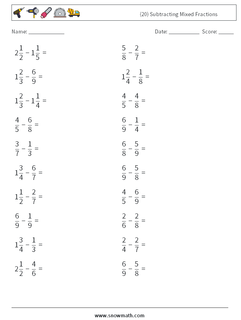(20) Subtracting Mixed Fractions Math Worksheets 11