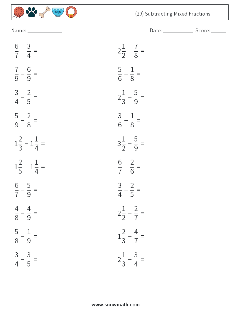 (20) Subtracting Mixed Fractions Math Worksheets 12