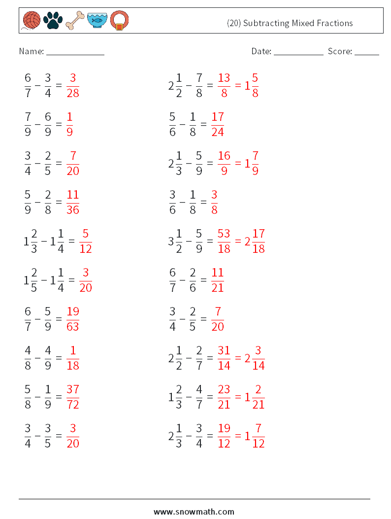 (20) Subtracting Mixed Fractions Math Worksheets 12 Question, Answer