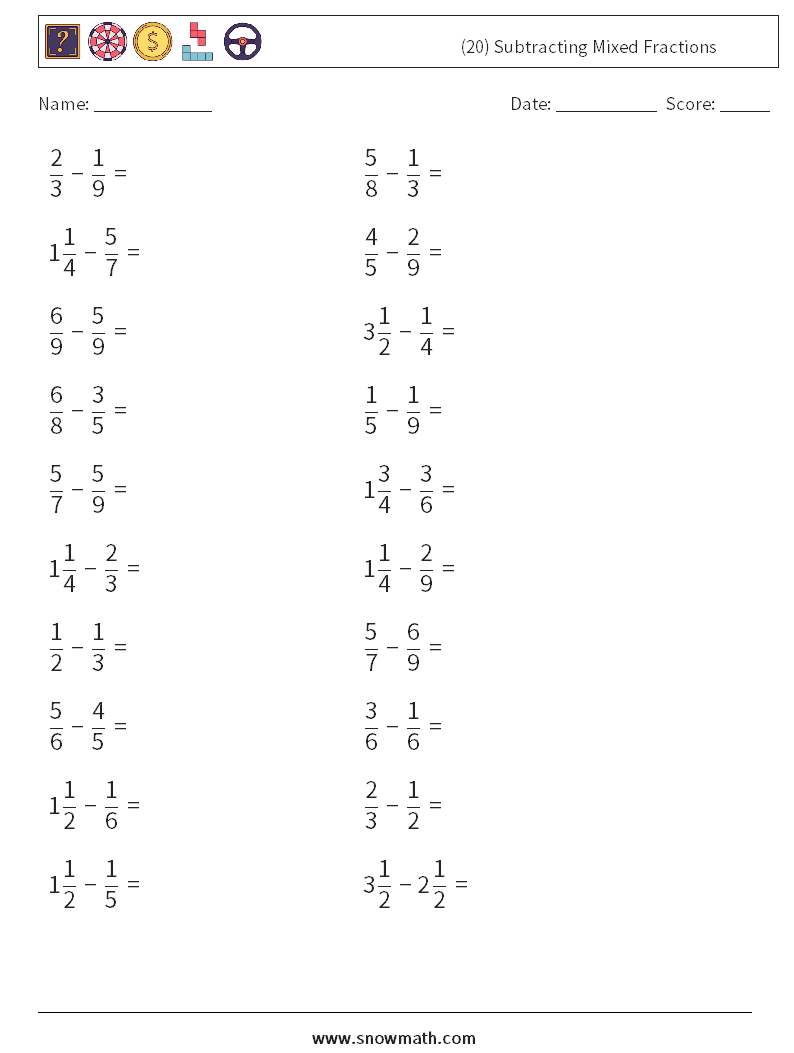 (20) Subtracting Mixed Fractions Math Worksheets 13