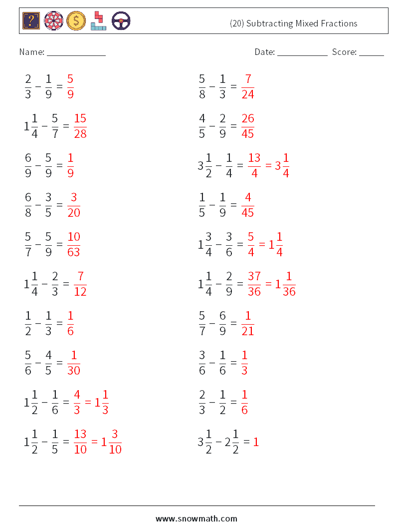 (20) Subtracting Mixed Fractions Math Worksheets 13 Question, Answer