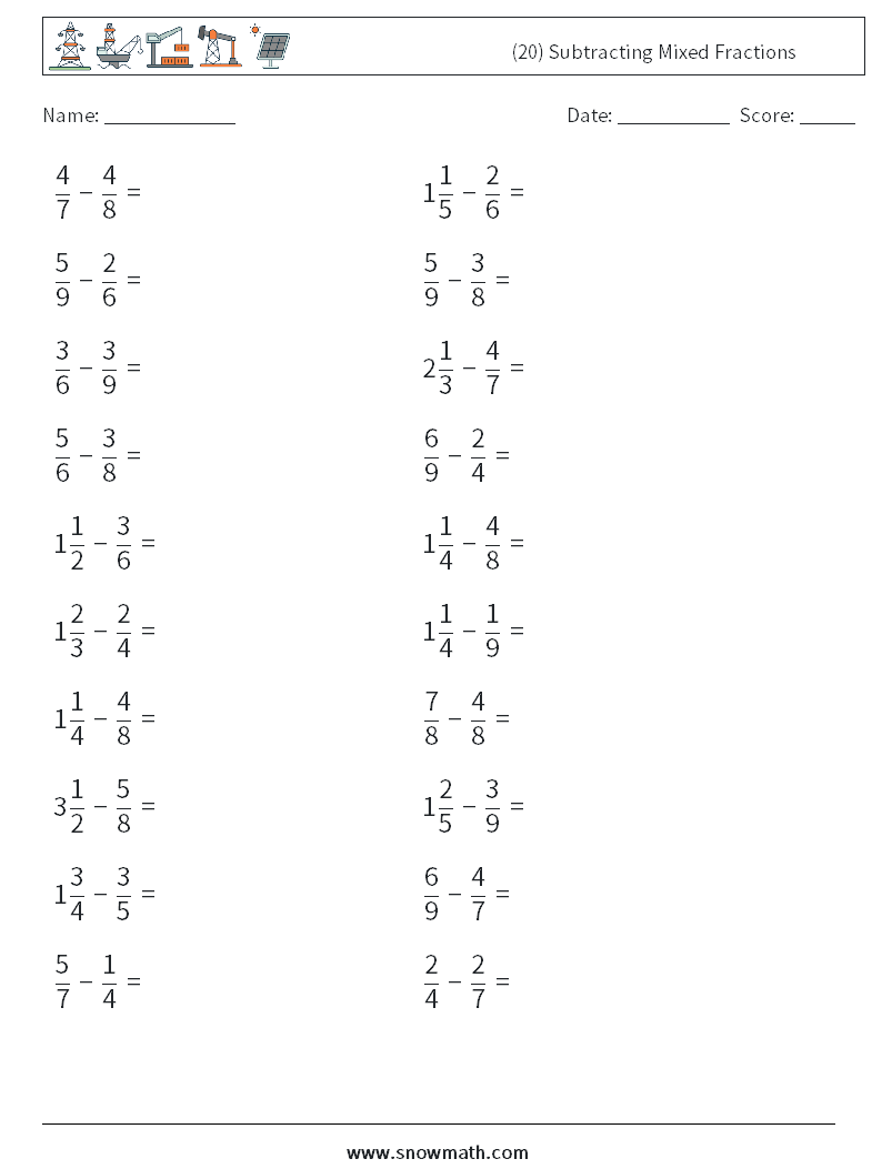 (20) Subtracting Mixed Fractions Math Worksheets 14