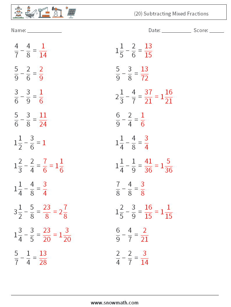 (20) Subtracting Mixed Fractions Math Worksheets 14 Question, Answer