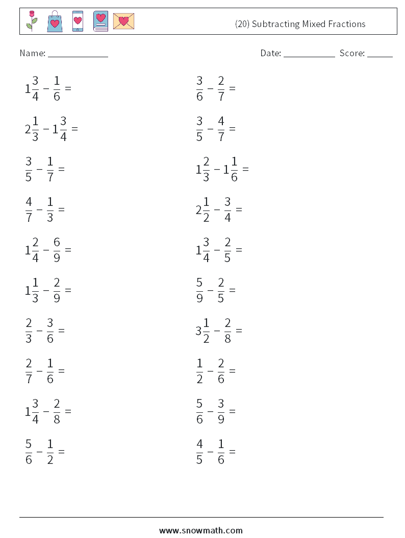 (20) Subtracting Mixed Fractions Math Worksheets 15