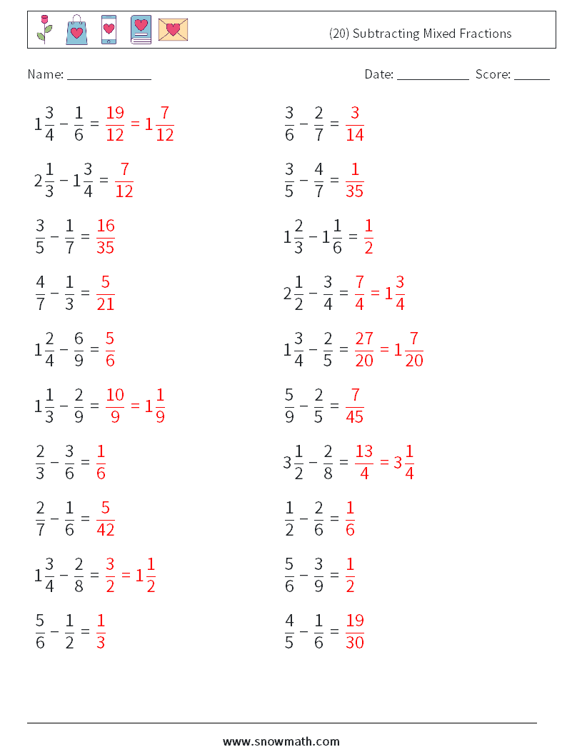 (20) Subtracting Mixed Fractions Math Worksheets 15 Question, Answer