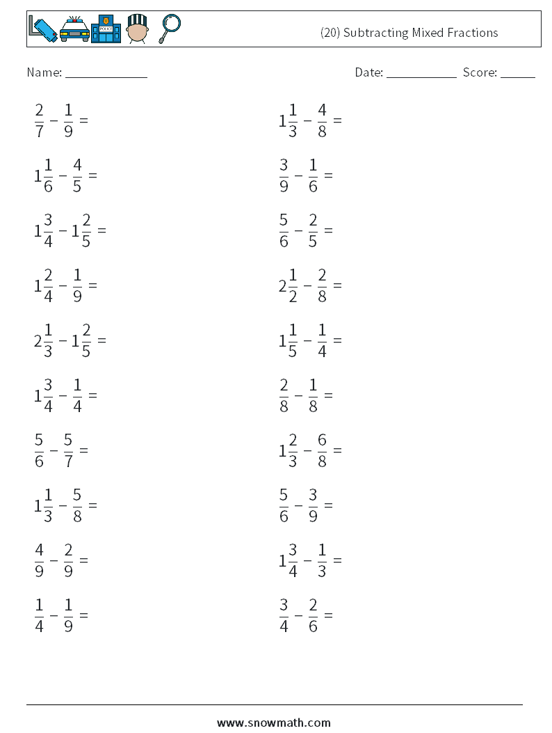 (20) Subtracting Mixed Fractions Math Worksheets 16