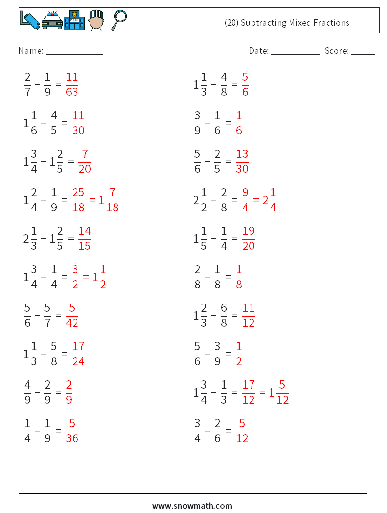 (20) Subtracting Mixed Fractions Math Worksheets 16 Question, Answer