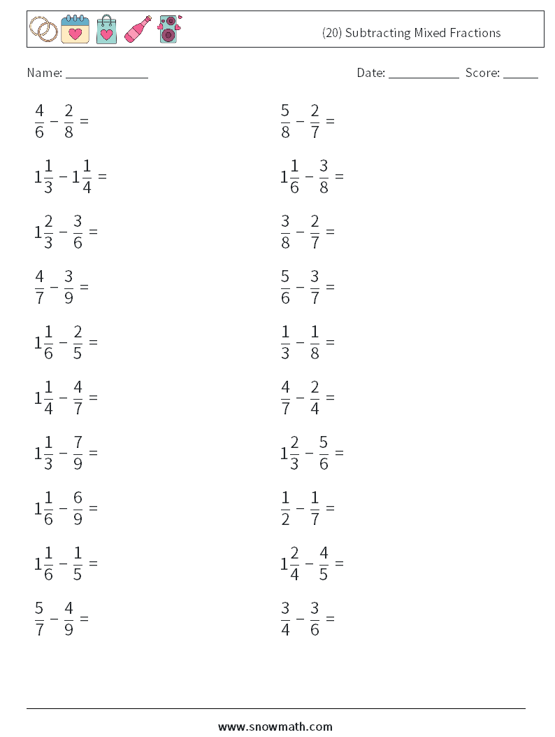 (20) Subtracting Mixed Fractions Math Worksheets 17