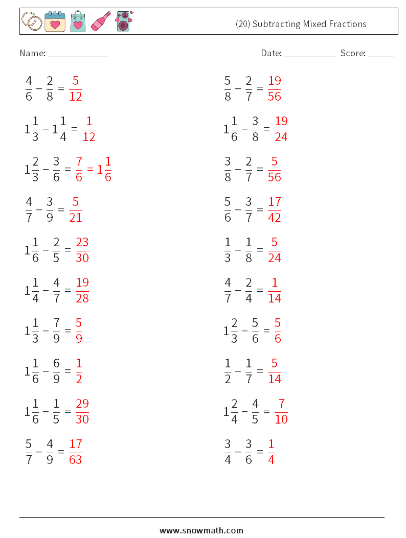 (20) Subtracting Mixed Fractions Math Worksheets 17 Question, Answer