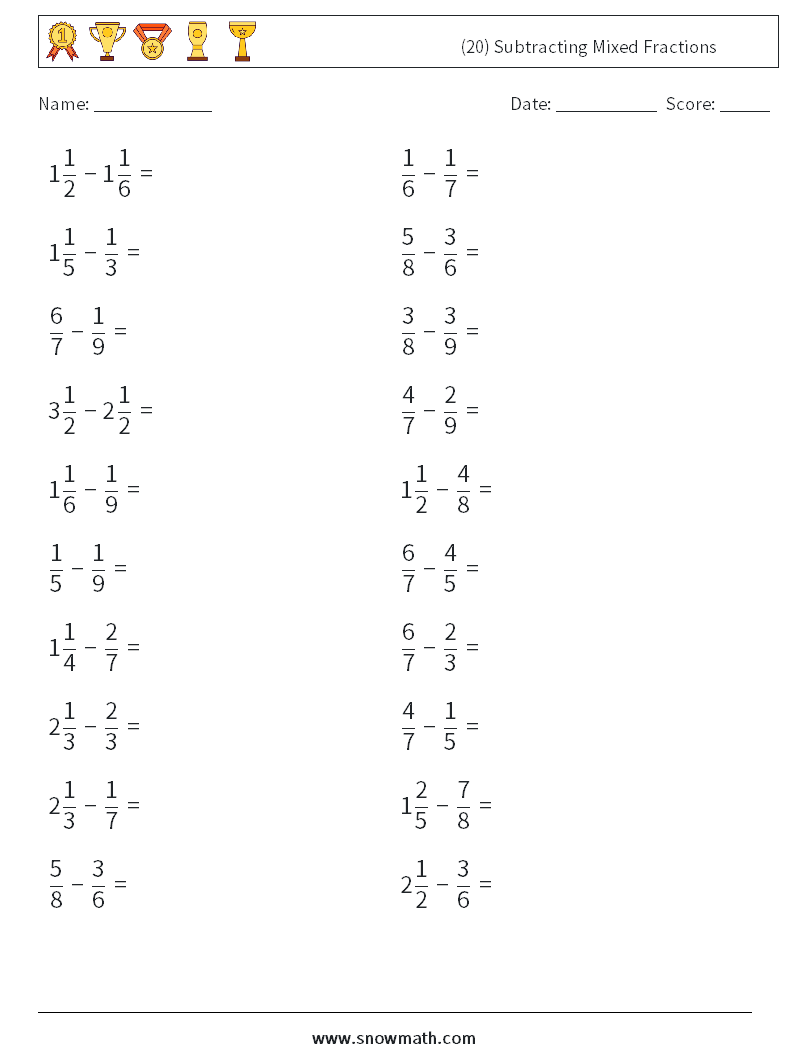 (20) Subtracting Mixed Fractions Math Worksheets 18