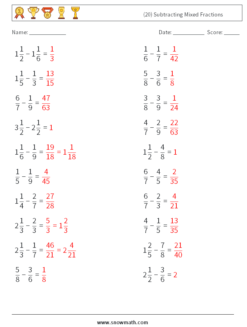 (20) Subtracting Mixed Fractions Math Worksheets 18 Question, Answer