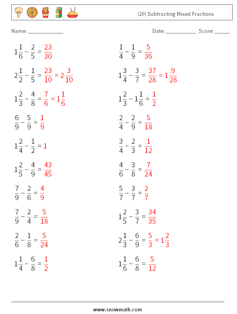 (20) Subtracting Mixed Fractions Math Worksheets 1 Question, Answer