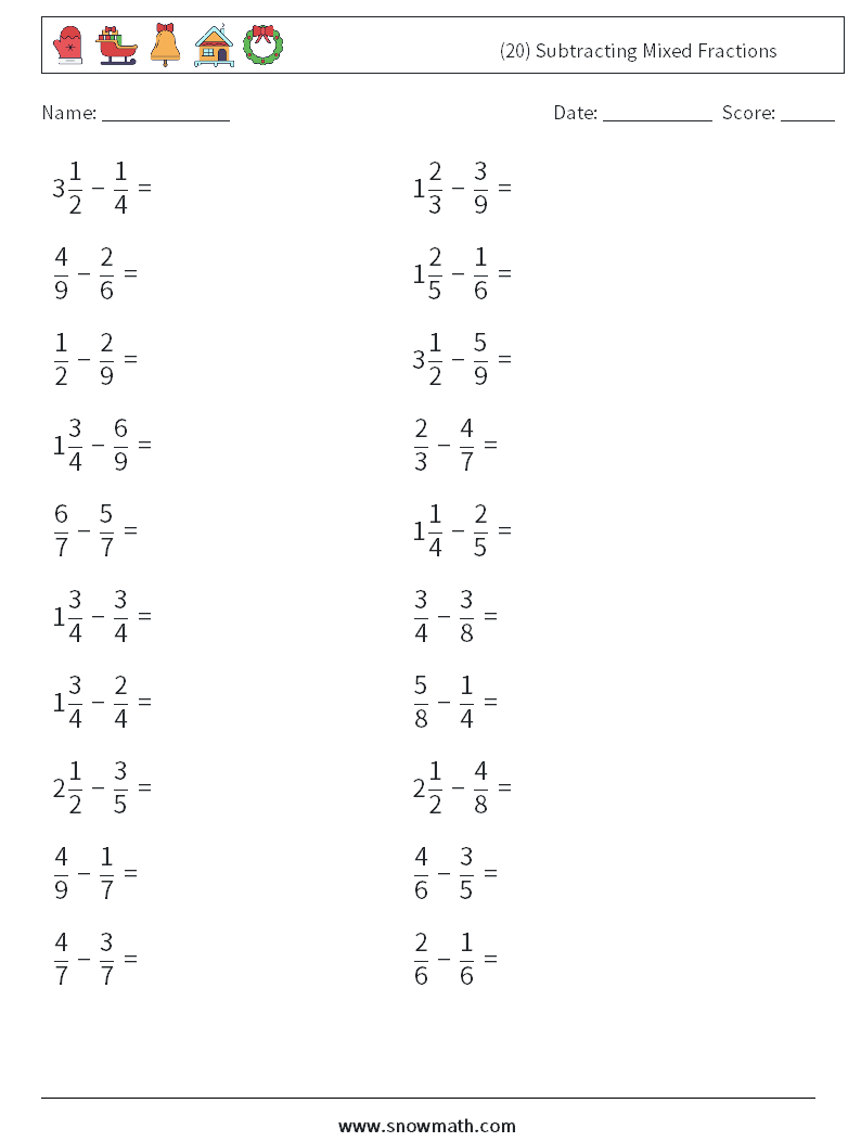 (20) Subtracting Mixed Fractions Math Worksheets 2