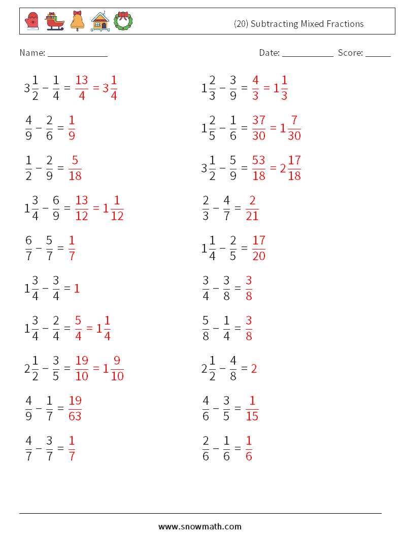 (20) Subtracting Mixed Fractions Math Worksheets 2 Question, Answer