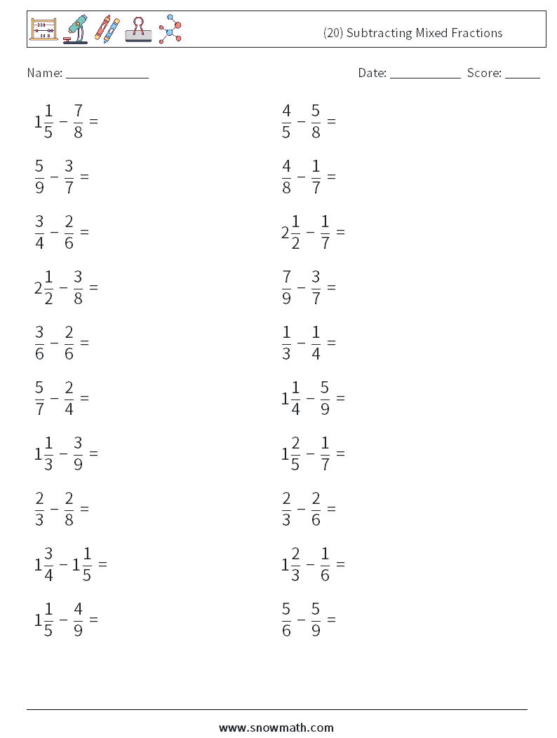 (20) Subtracting Mixed Fractions Math Worksheets 3